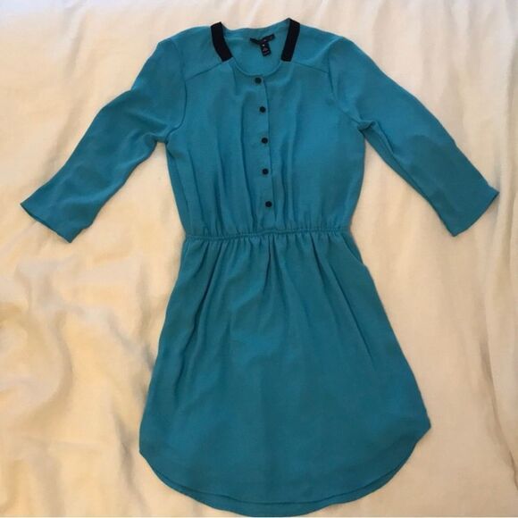 AQUA 3/4 sleeve midi dress 👗 teal/blue with black collar trim and buttons. Sz S - Picture 4 of 6